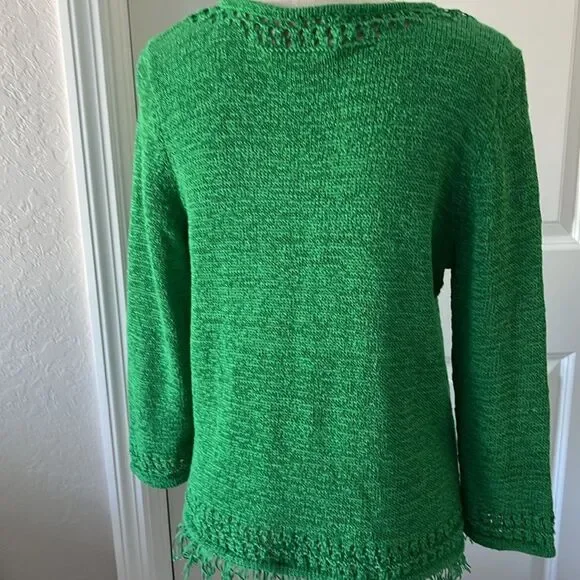 Pappagallo Bright Green Sweater Cotton Blend Fringed 3/4 Sleeves VTG - Picture 7 of 9